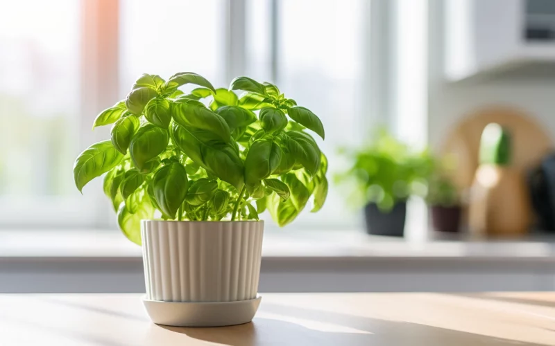 Basil growing in a pot at home