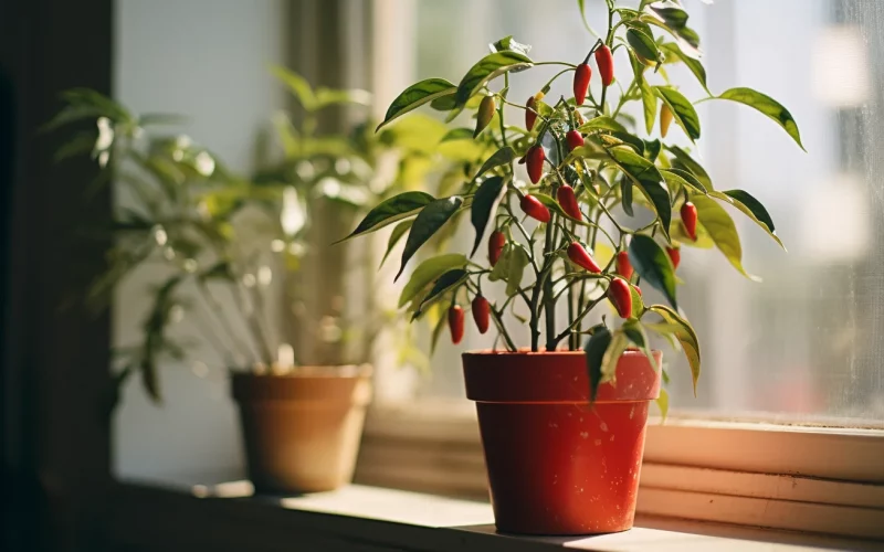 chilli peppers growing on a windowsill