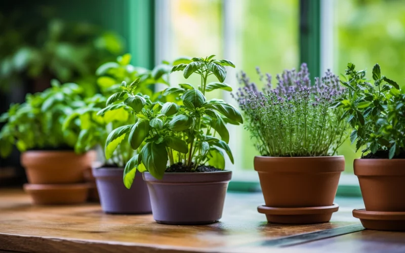 Selection of herbs growing at home